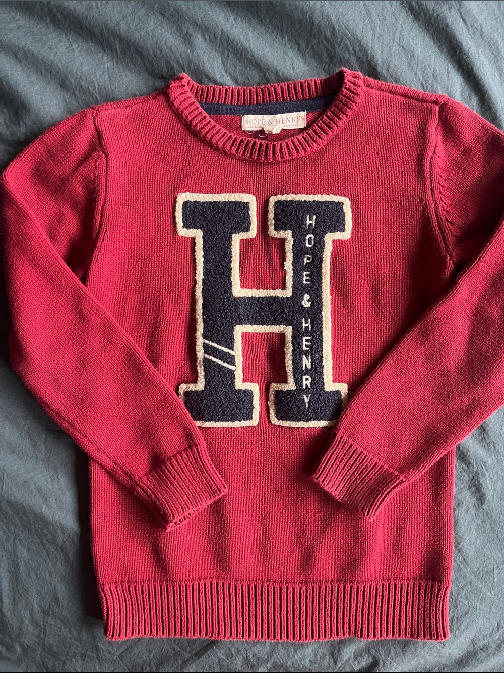 Hope & Henry Kids' Red Crewneck Sweater with Navy Letter H